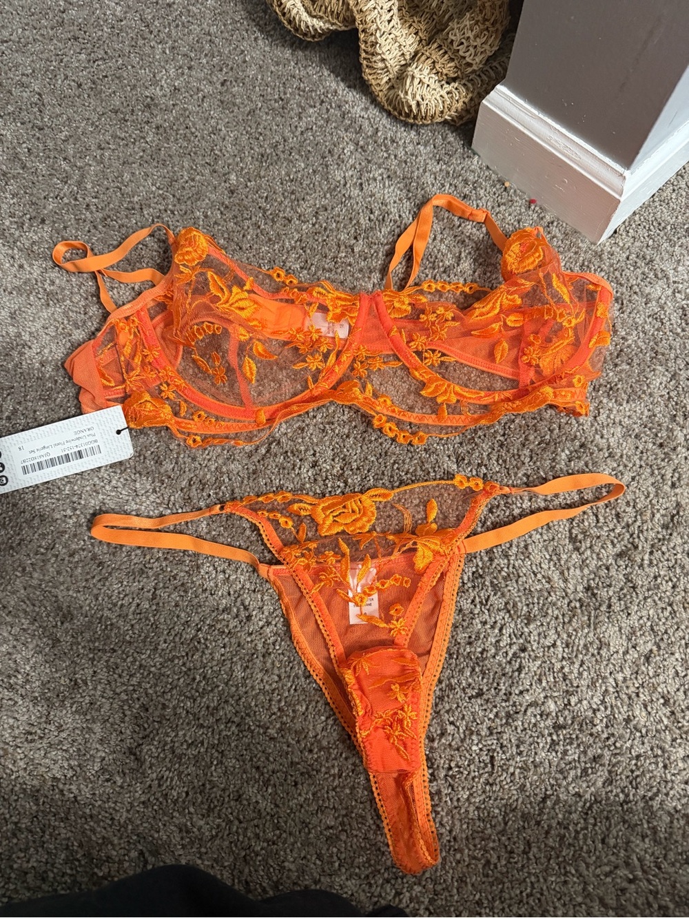 Sheer Lace Embroidered Bra & Thong Set - Orange